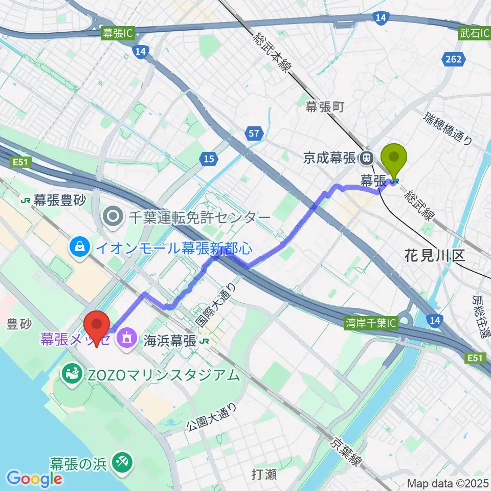 幕張駅から幕張メッセ 国際展示場1-8ホールへのルートマップ地図