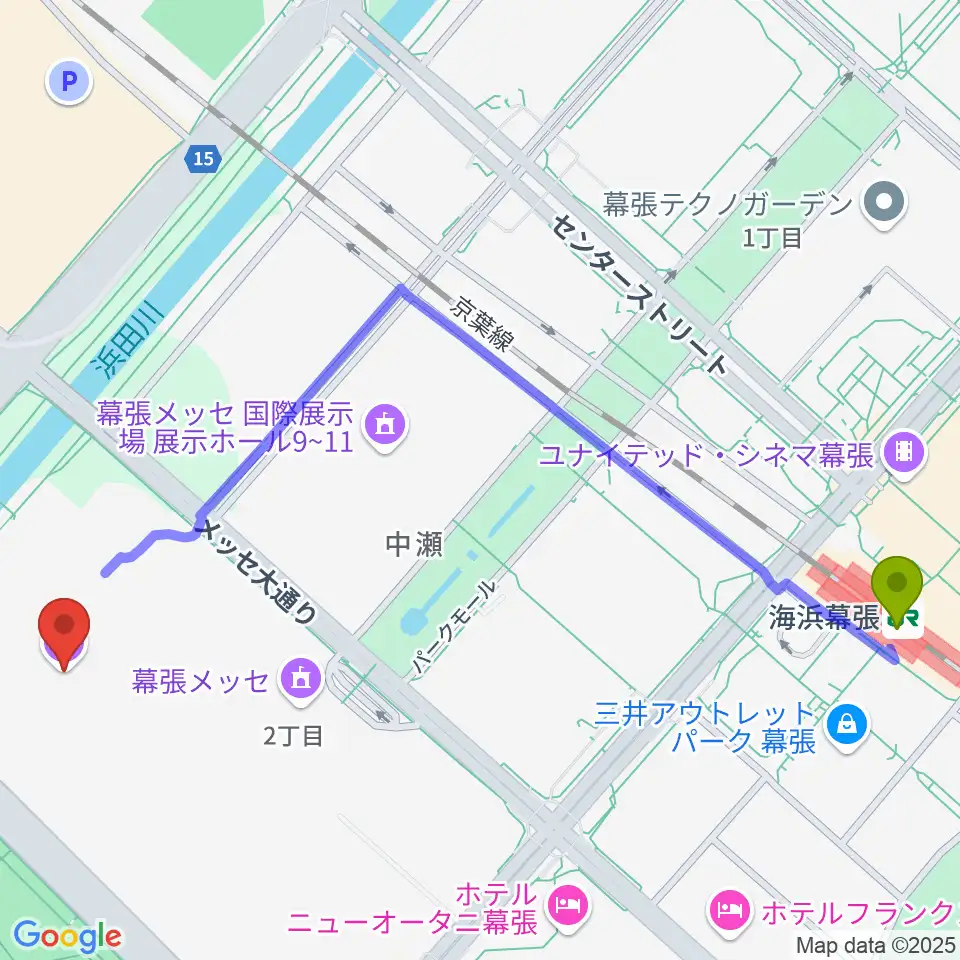幕張メッセ 国際展示場1-8ホールの最寄駅海浜幕張駅からの徒歩ルート（約14分）地図