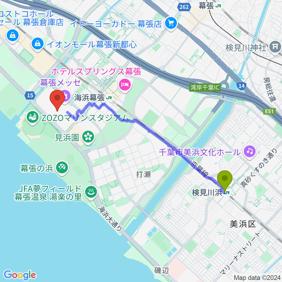 検見川浜駅から幕張メッセ 国際展示場1-8ホールへのルートマップ地図