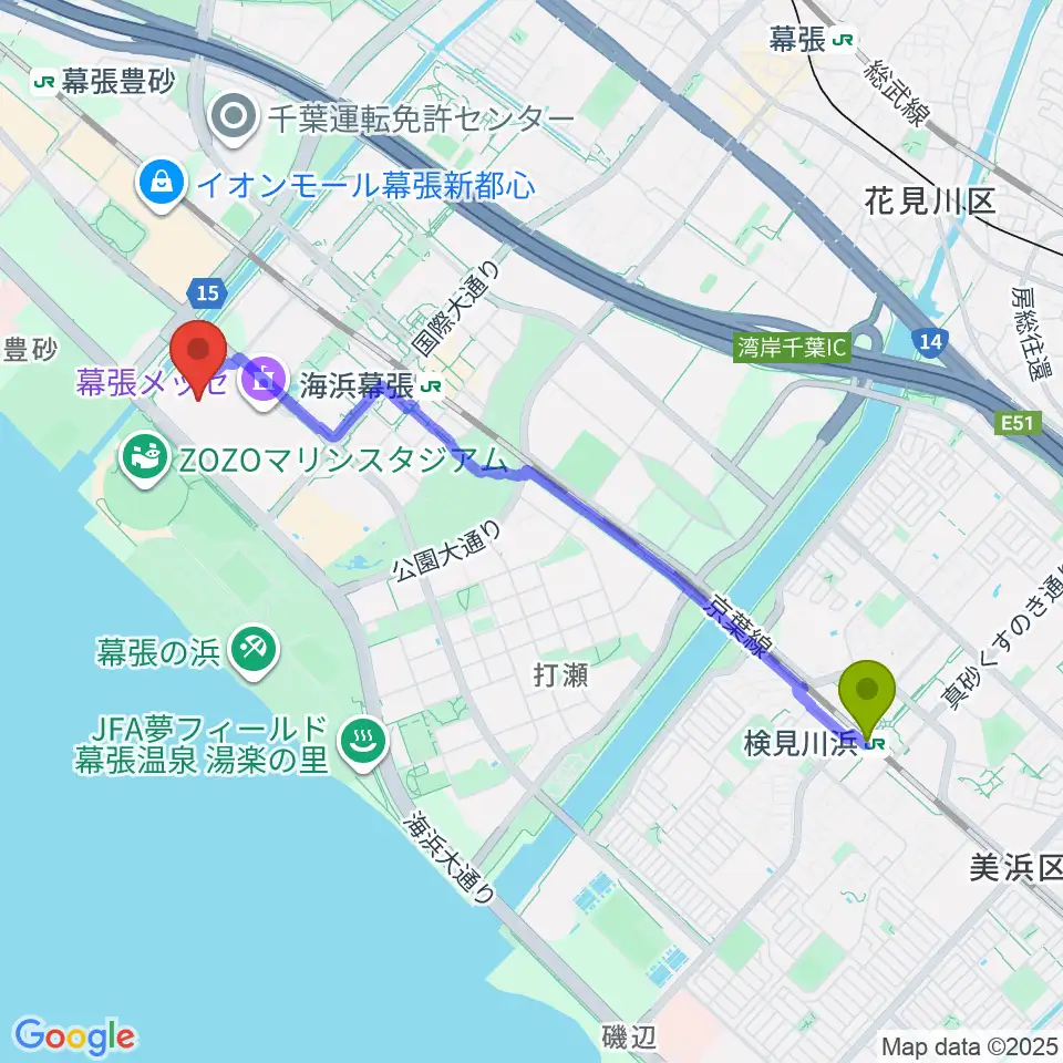 検見川浜駅から幕張メッセ 国際展示場1-8ホールへのルートマップ地図