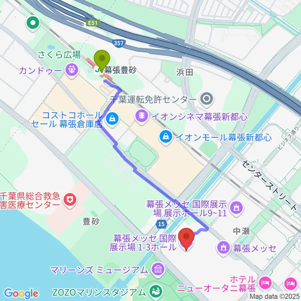 幕張豊砂駅から幕張メッセ 国際展示場1-8ホールへのルートマップ地図