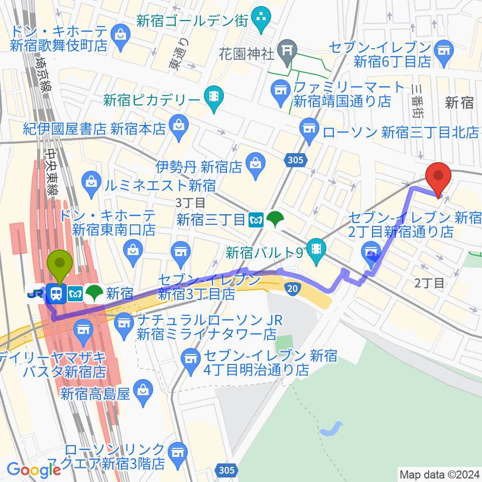 新宿駅からシャンソンの店Kuwaへのルートマップ地図