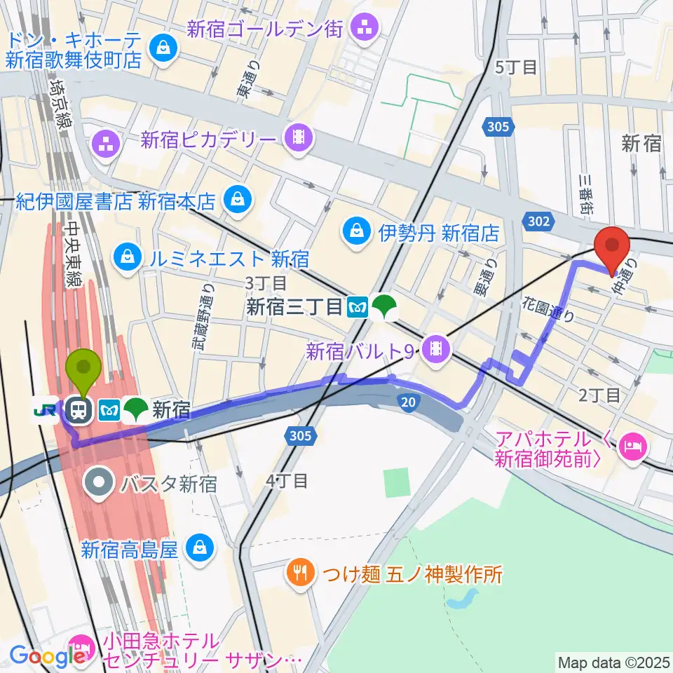 新宿駅からシャンソンの店Kuwaへのルートマップ地図