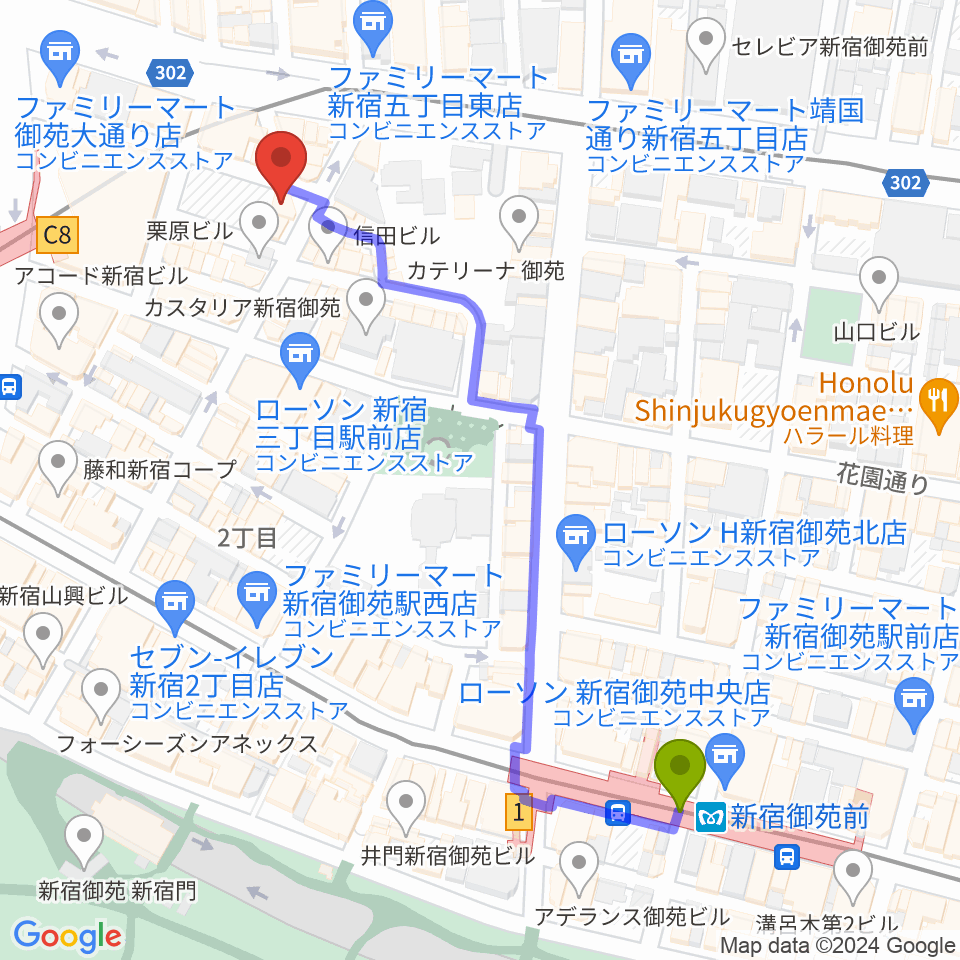 新宿御苑前駅からシャンソンの店Kuwaへのルートマップ地図