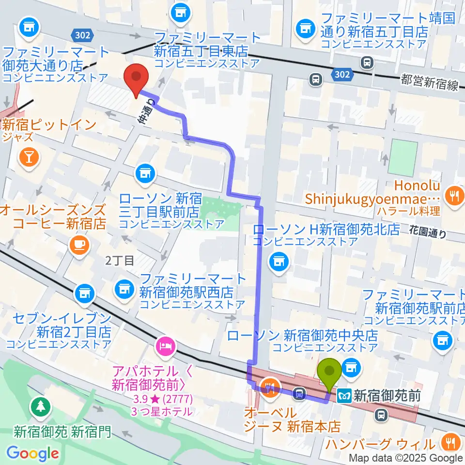 新宿御苑前駅からシャンソンの店Kuwaへのルートマップ地図