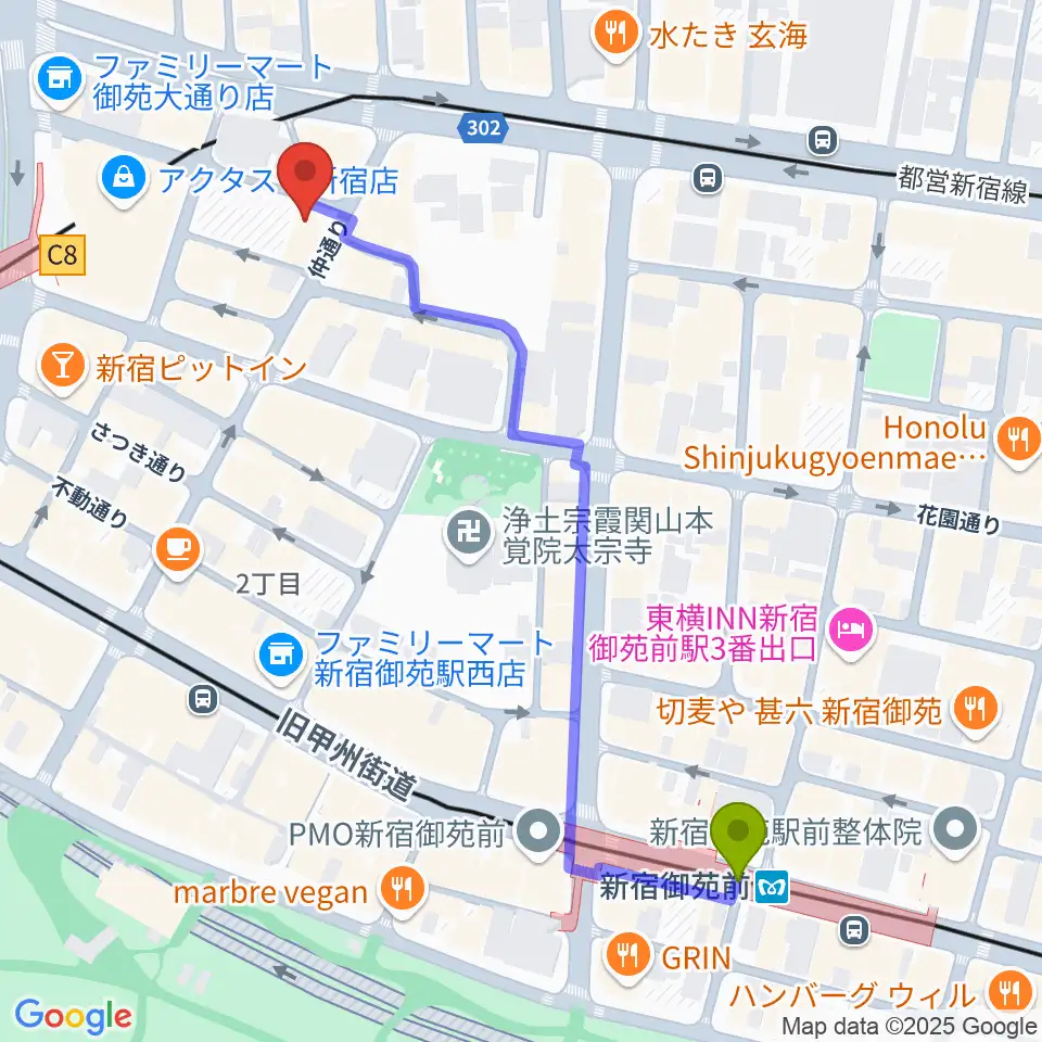 新宿御苑前駅からシャンソンの店Kuwaへのルートマップ地図