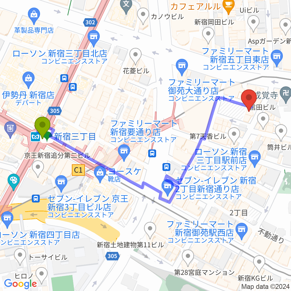 シャンソンの店Kuwaの最寄駅新宿三丁目駅からの徒歩ルート（約6分）地図