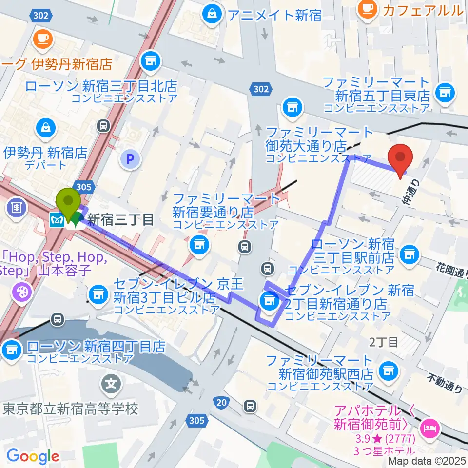 シャンソンの店Kuwaの最寄駅新宿三丁目駅からの徒歩ルート（約6分）地図