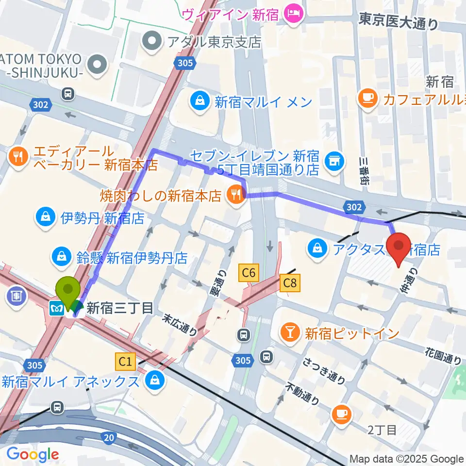 シャンソンの店Kuwaの最寄駅新宿三丁目駅からの徒歩ルート（約6分）地図