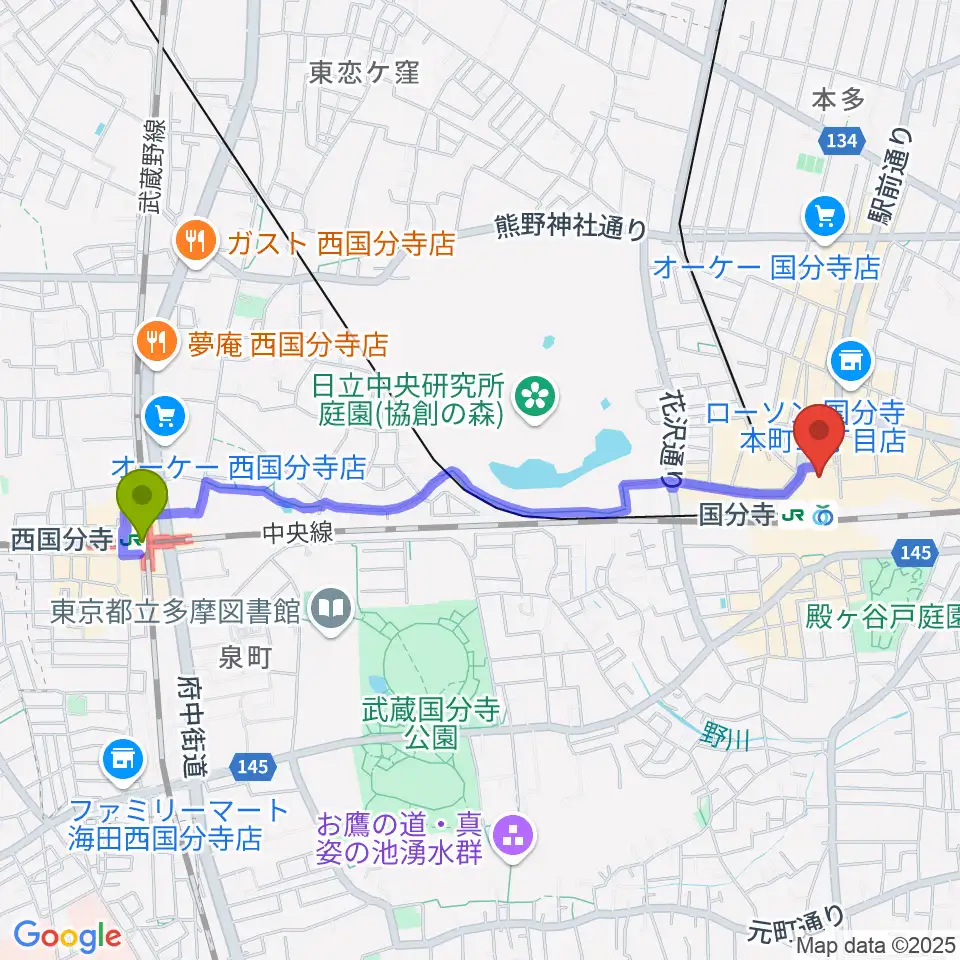 西国分寺駅からcocobunjiプラザ リオンホールへのルートマップ MDATA