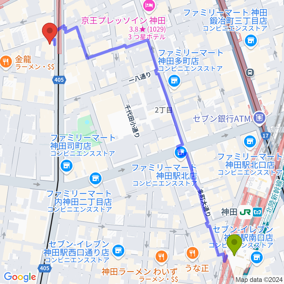 神田駅からスタジオBPMへのルートマップ地図