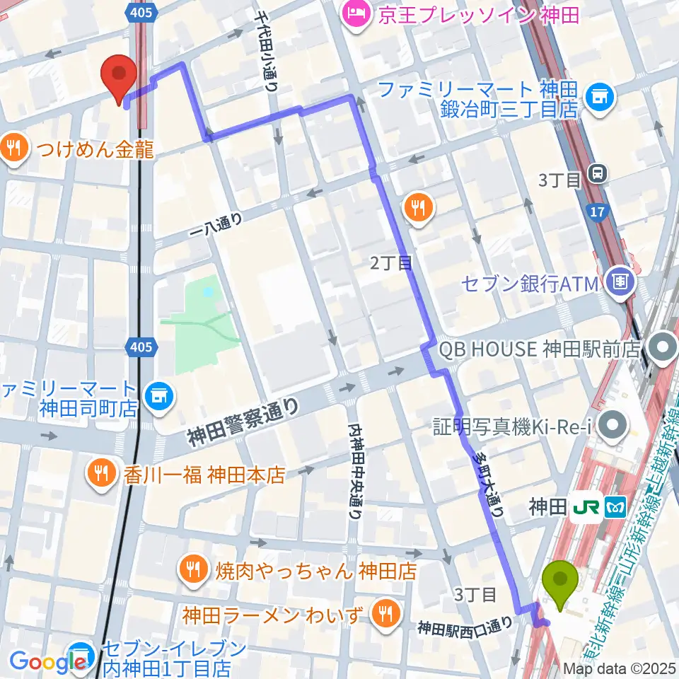 神田駅からスタジオBPMへのルートマップ地図