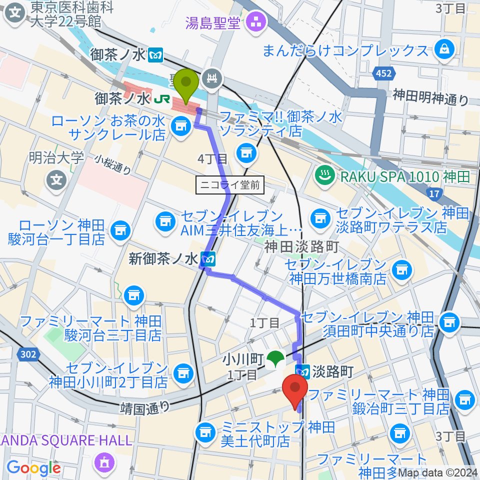 御茶ノ水駅からスタジオBPMへのルートマップ地図