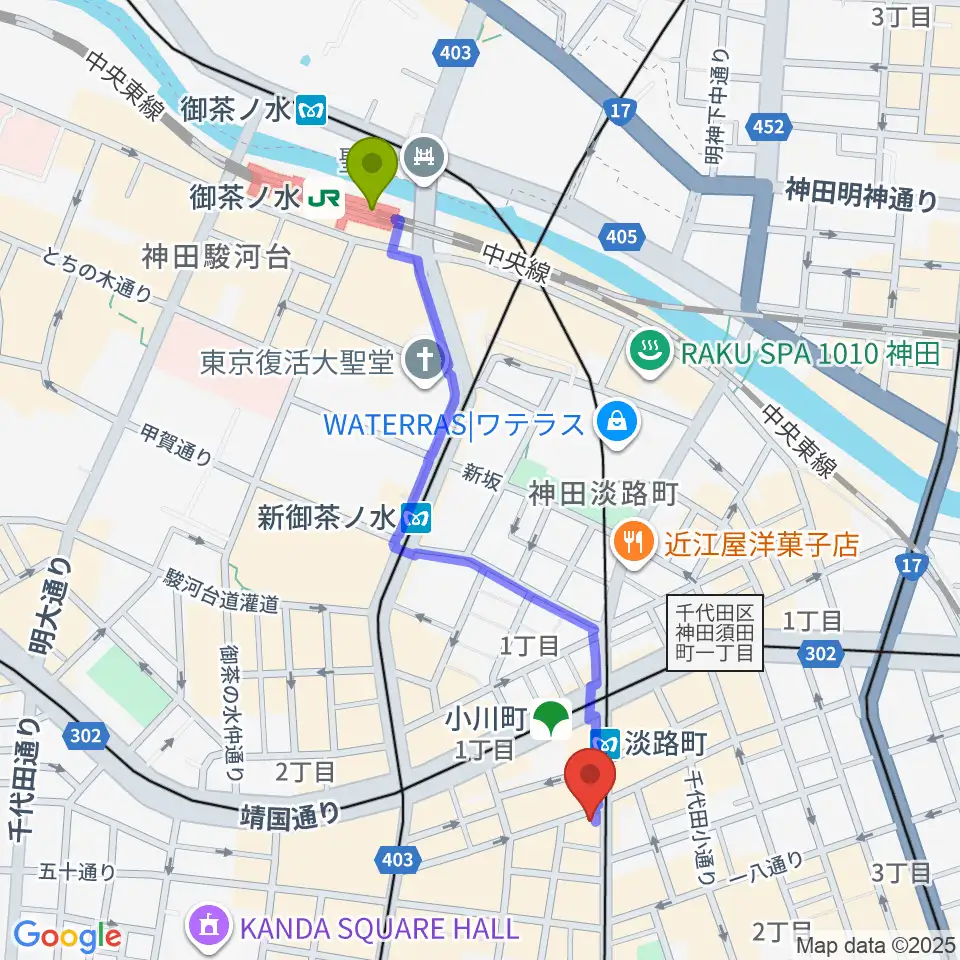 御茶ノ水駅からスタジオBPMへのルートマップ地図