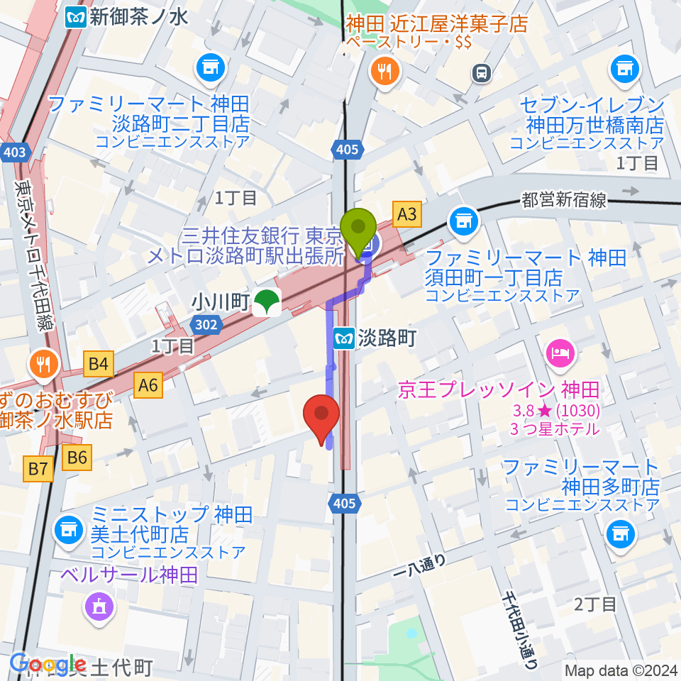 スタジオBPMの最寄駅淡路町駅からの徒歩ルート（約2分）地図