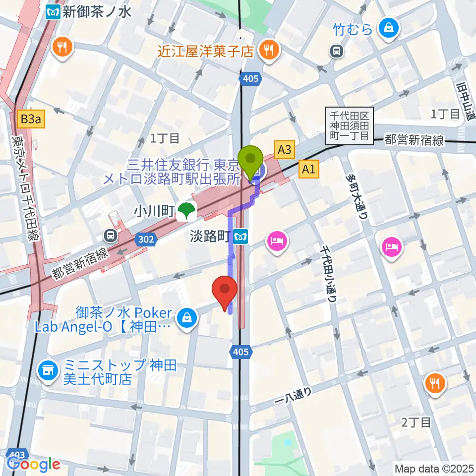 スタジオBPMの最寄駅淡路町駅からの徒歩ルート（約2分）地図