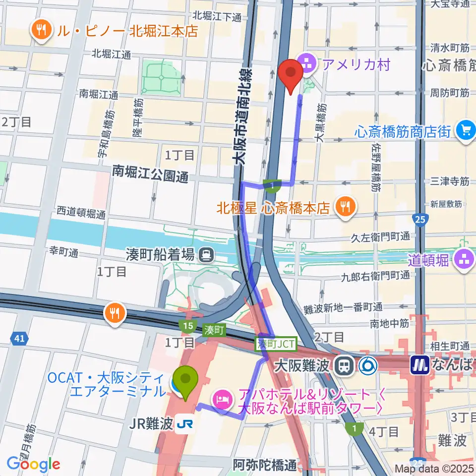 ｊｒ難波駅からアメリカ村beyondへのルートマップ Mdata
