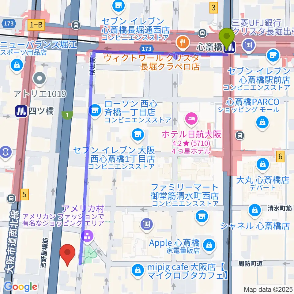 心斎橋駅からアメリカ村BEYONDへのルートマップ地図