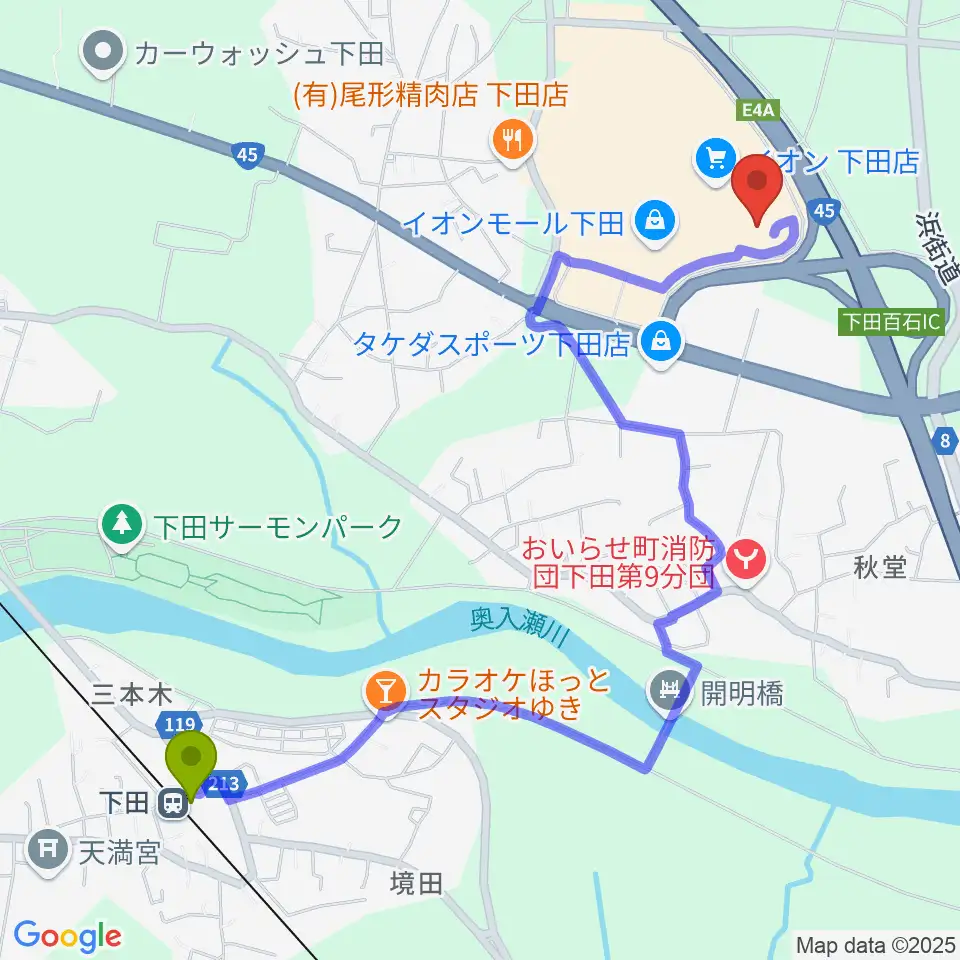 TOHOシネマズおいらせ下田の最寄駅下田駅からの徒歩ルート（約24分）地図