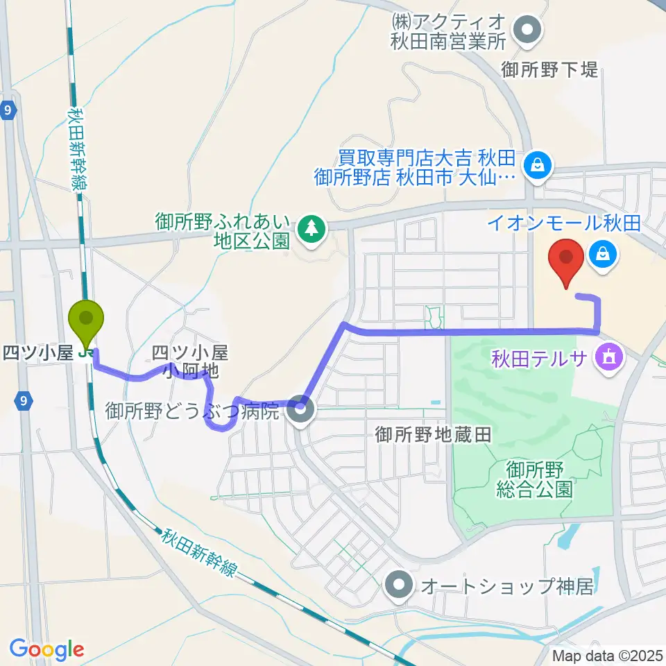 TOHOシネマズ秋田の最寄駅四ツ小屋駅からの徒歩ルート（約21分）地図