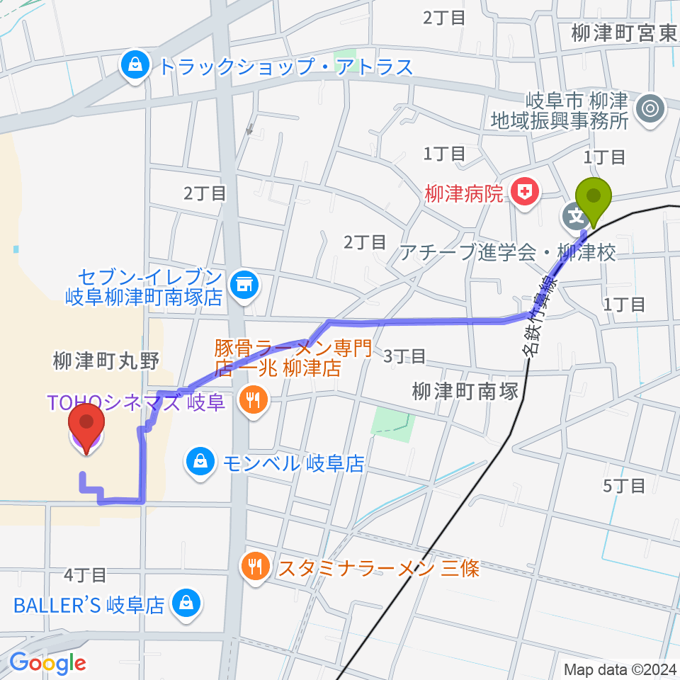 Tohoシネマズ岐阜の最寄駅柳津駅からの徒歩ルート 約13分 Mdata