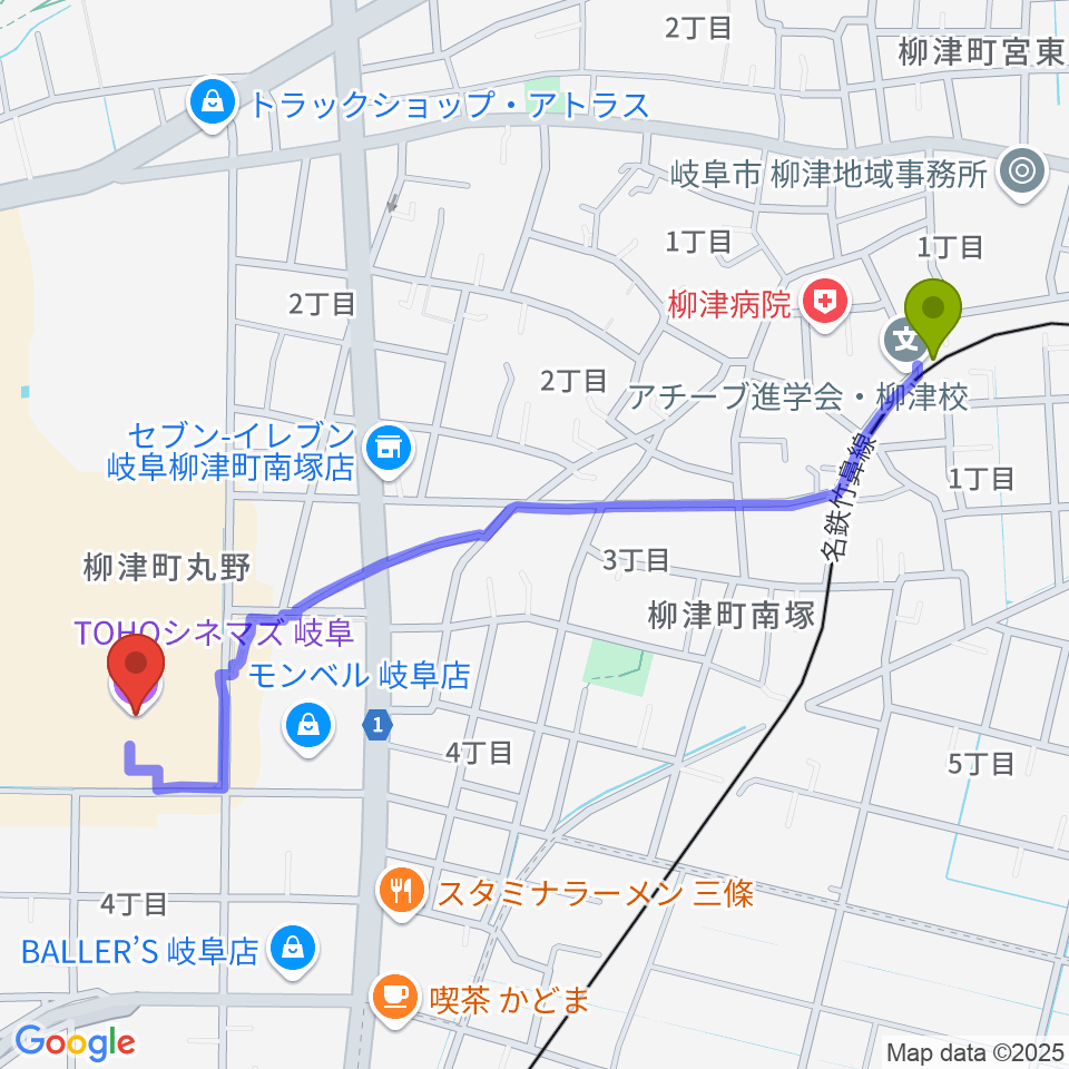 TOHOシネマズ岐阜の最寄駅柳津駅からの徒歩ルート（約13分）地図