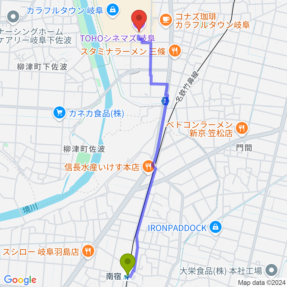 南宿駅からtohoシネマズ岐阜へのルートマップ Mdata