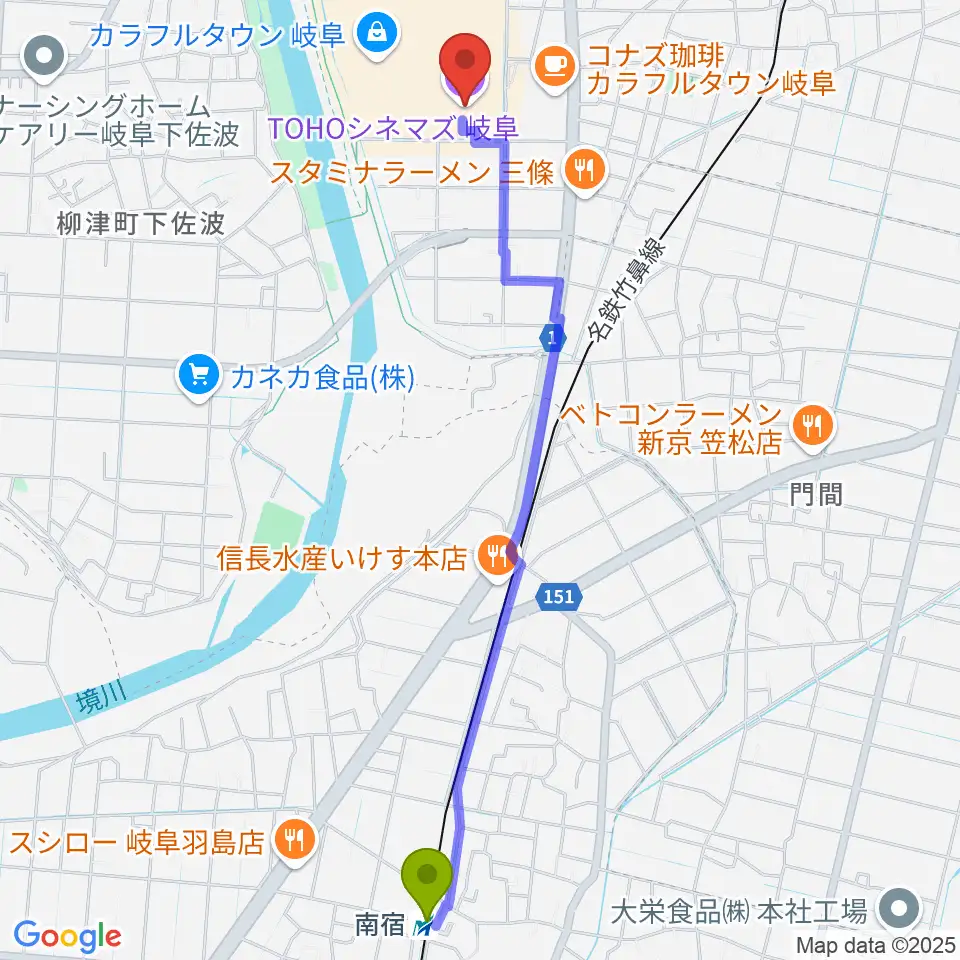 南宿駅からTOHOシネマズ岐阜へのルートマップ地図