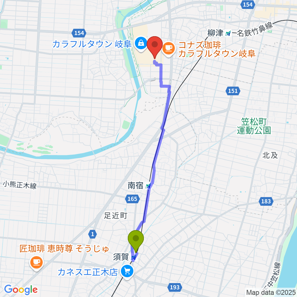 須賀駅からTOHOシネマズ岐阜へのルートマップ地図