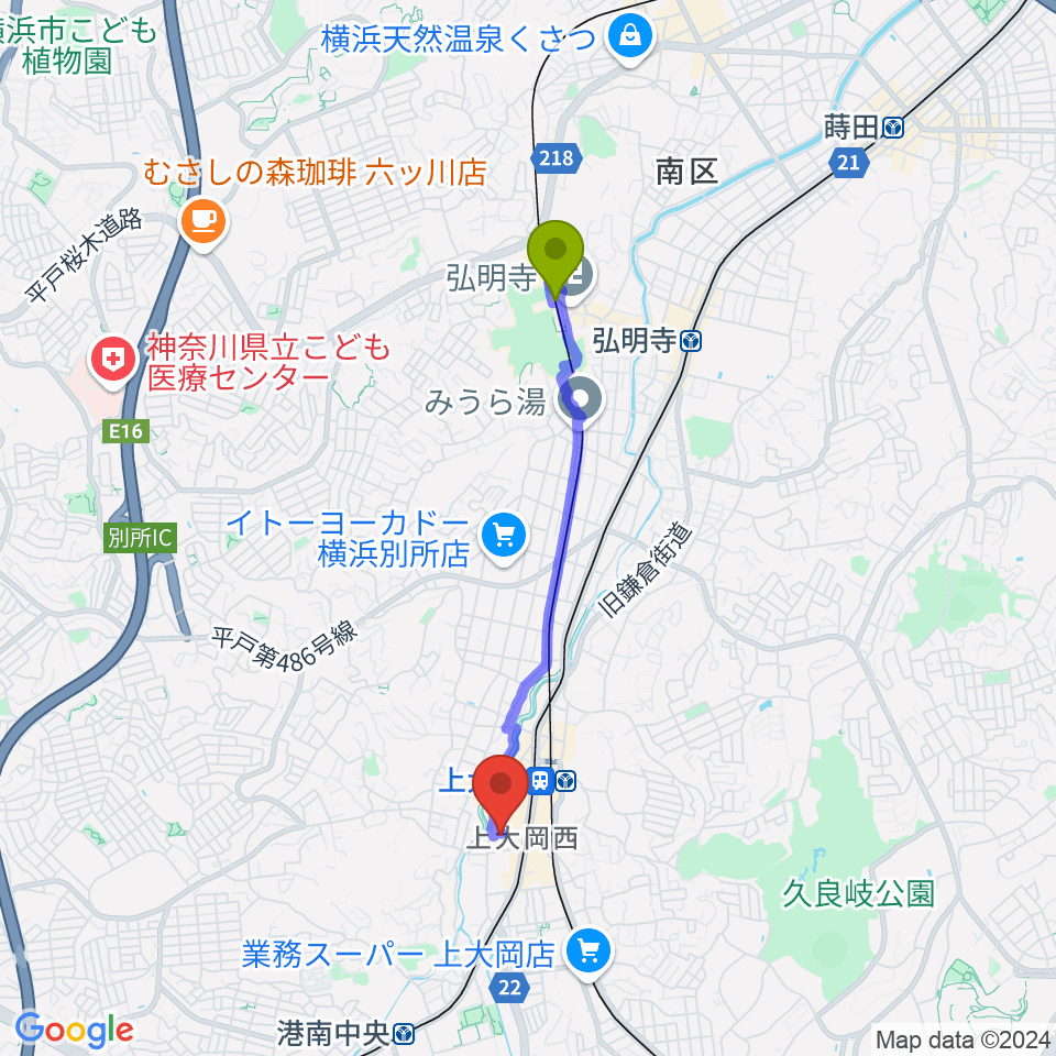 弘明寺駅からtohoシネマズ上大岡へのルートマップ Mdata