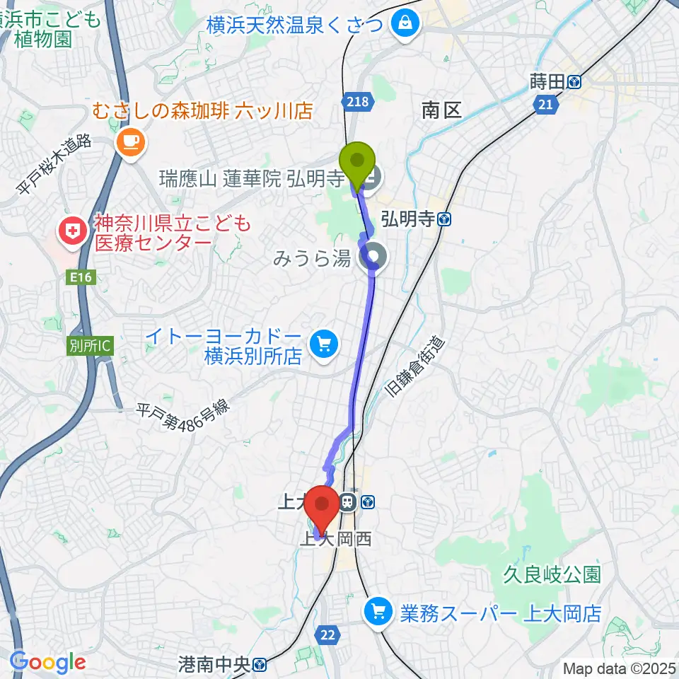 弘明寺駅からTOHOシネマズ上大岡へのルートマップ地図