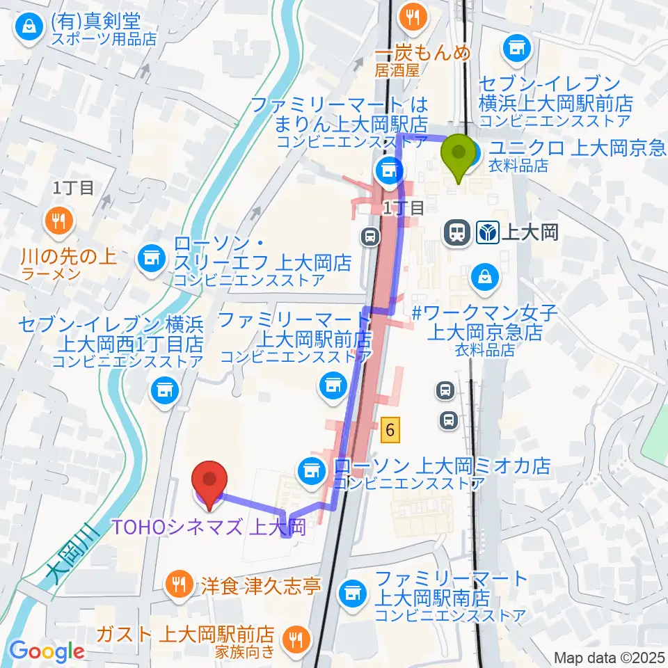 TOHOシネマズ上大岡の最寄駅上大岡駅からの徒歩ルート（約5分）地図