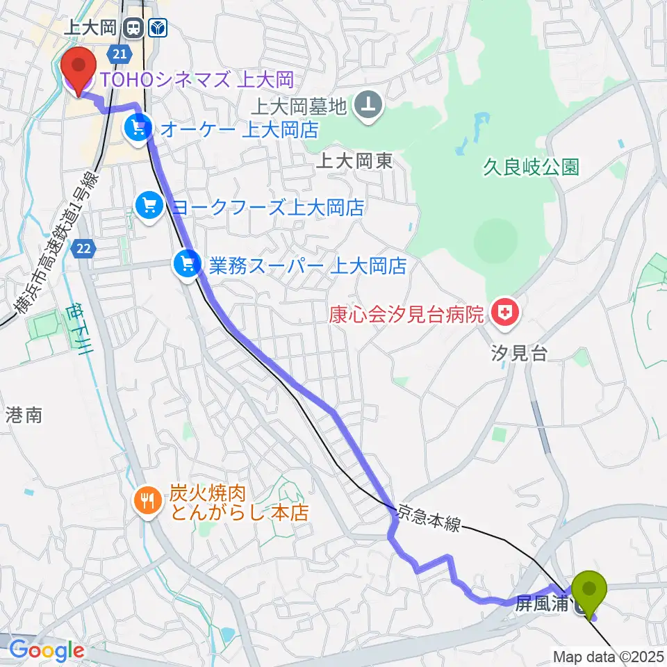屏風浦駅からTOHOシネマズ上大岡へのルートマップ地図