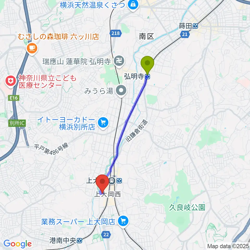 弘明寺駅からTOHOシネマズ上大岡へのルートマップ地図