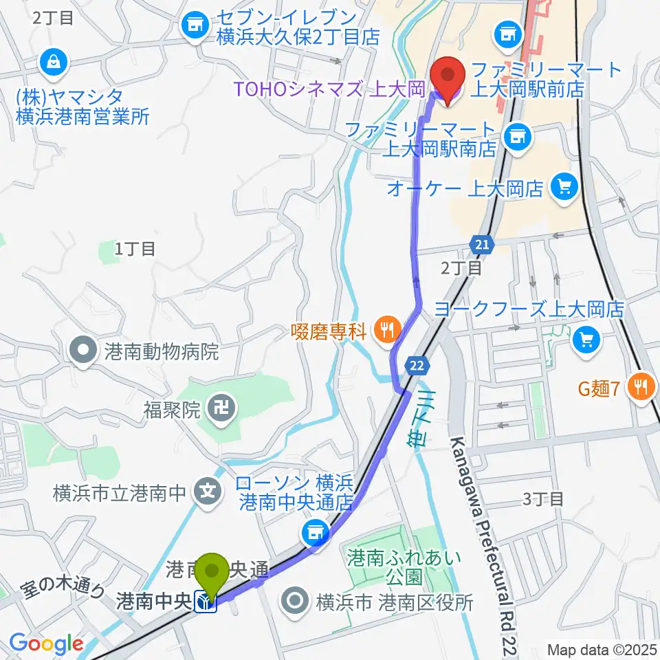 港南中央駅からTOHOシネマズ上大岡へのルートマップ地図