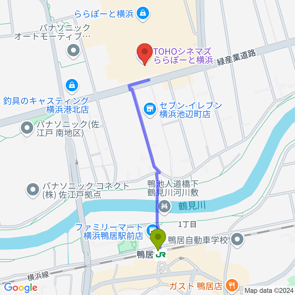 TOHOシネマズららぽーと横浜の最寄駅鴨居駅からの徒歩ルート（約10分）地図