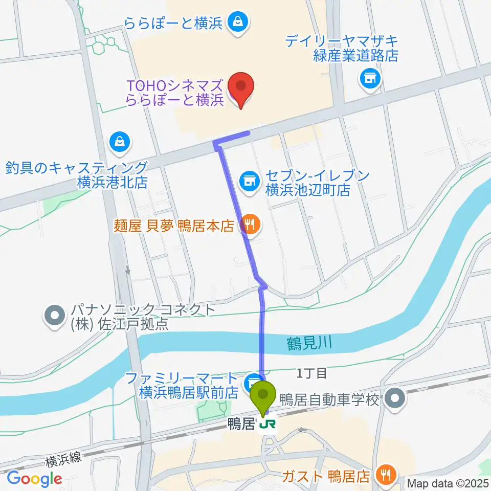 TOHOシネマズららぽーと横浜の最寄駅鴨居駅からの徒歩ルート（約10分）地図