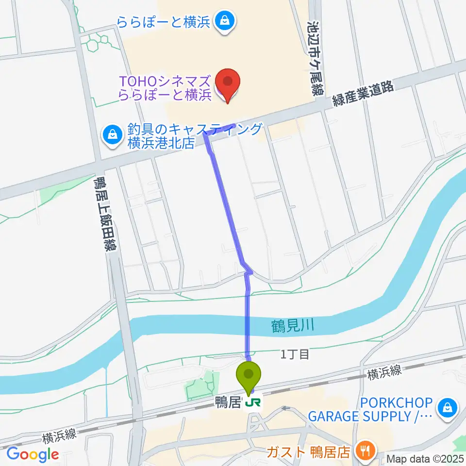 TOHOシネマズららぽーと横浜の最寄駅鴨居駅からの徒歩ルート（約10分）地図