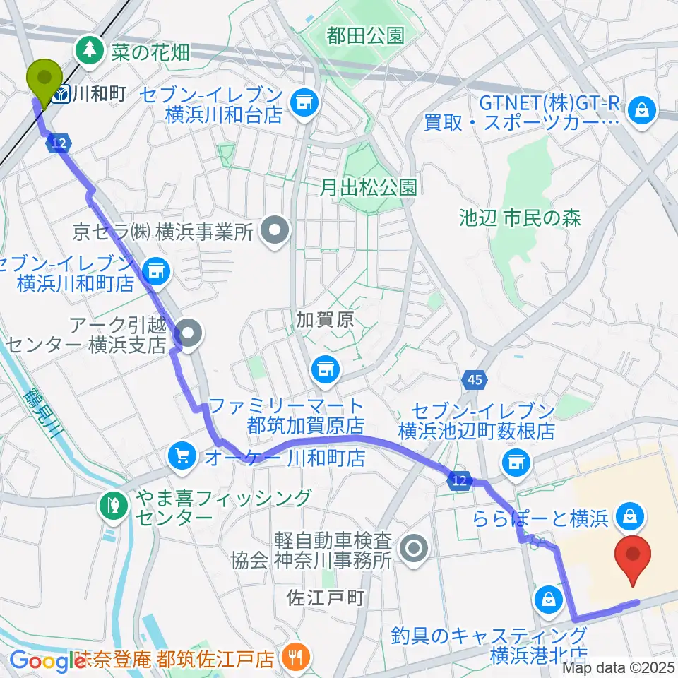 川和町駅からTOHOシネマズららぽーと横浜へのルートマップ地図