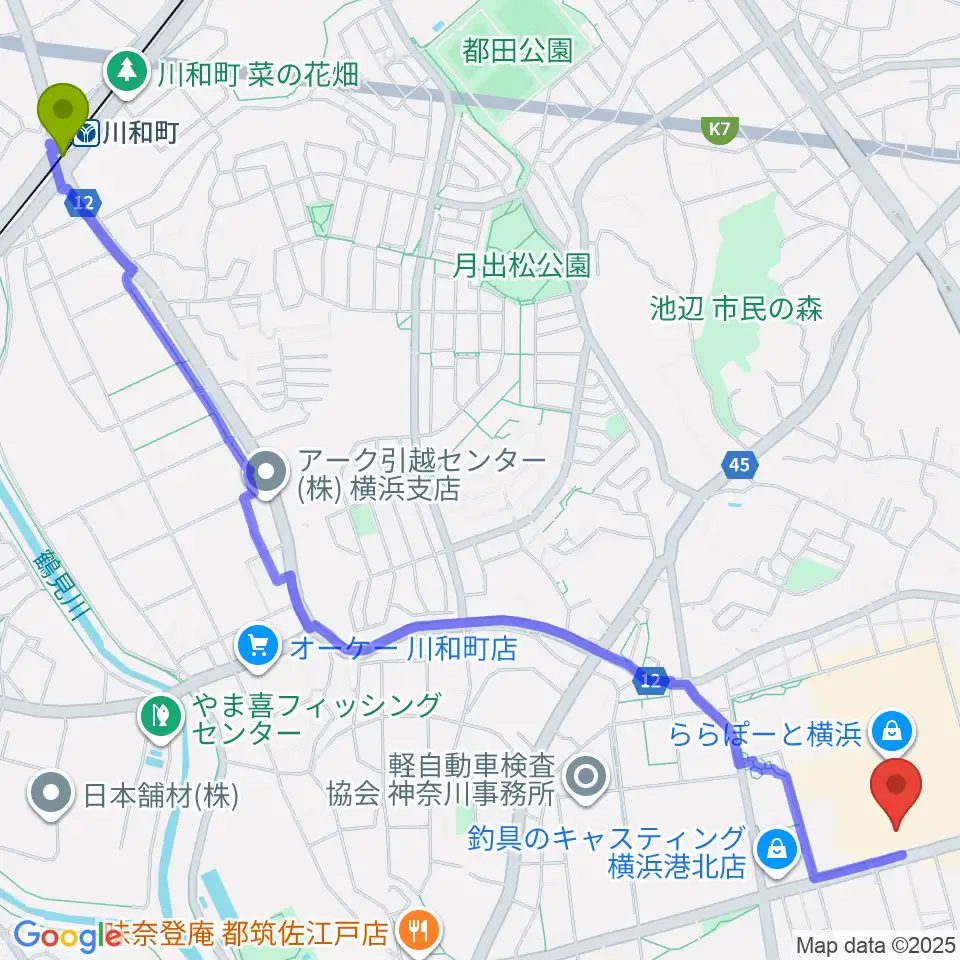 川和町駅からTOHOシネマズららぽーと横浜へのルートマップ地図