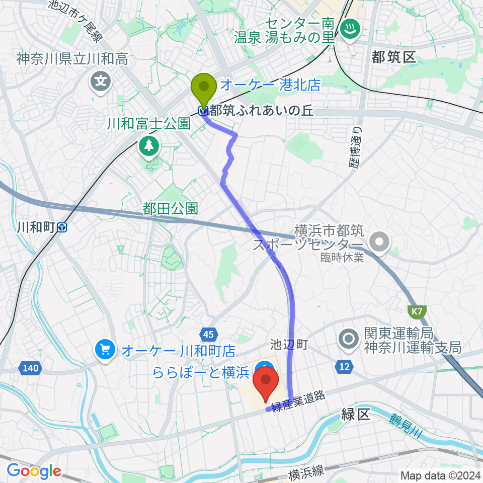 都筑ふれあいの丘駅からTOHOシネマズららぽーと横浜へのルートマップ地図