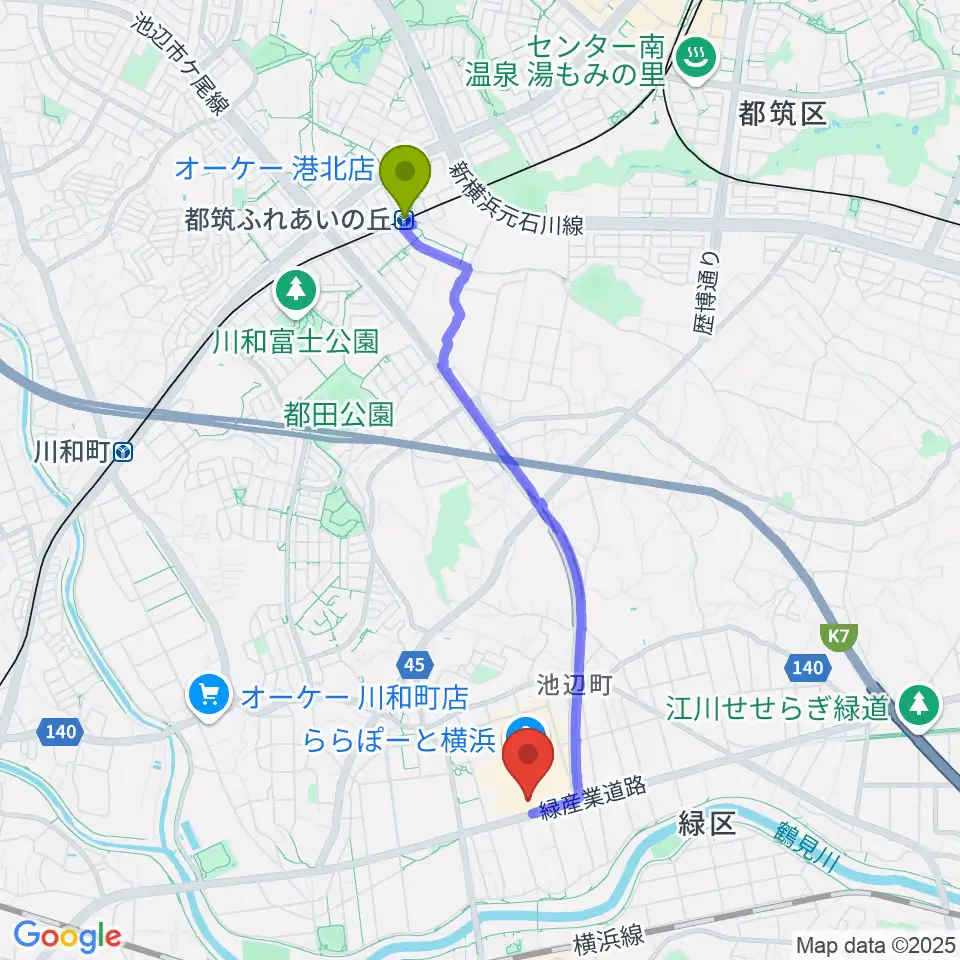 都筑ふれあいの丘駅からTOHOシネマズららぽーと横浜へのルートマップ地図