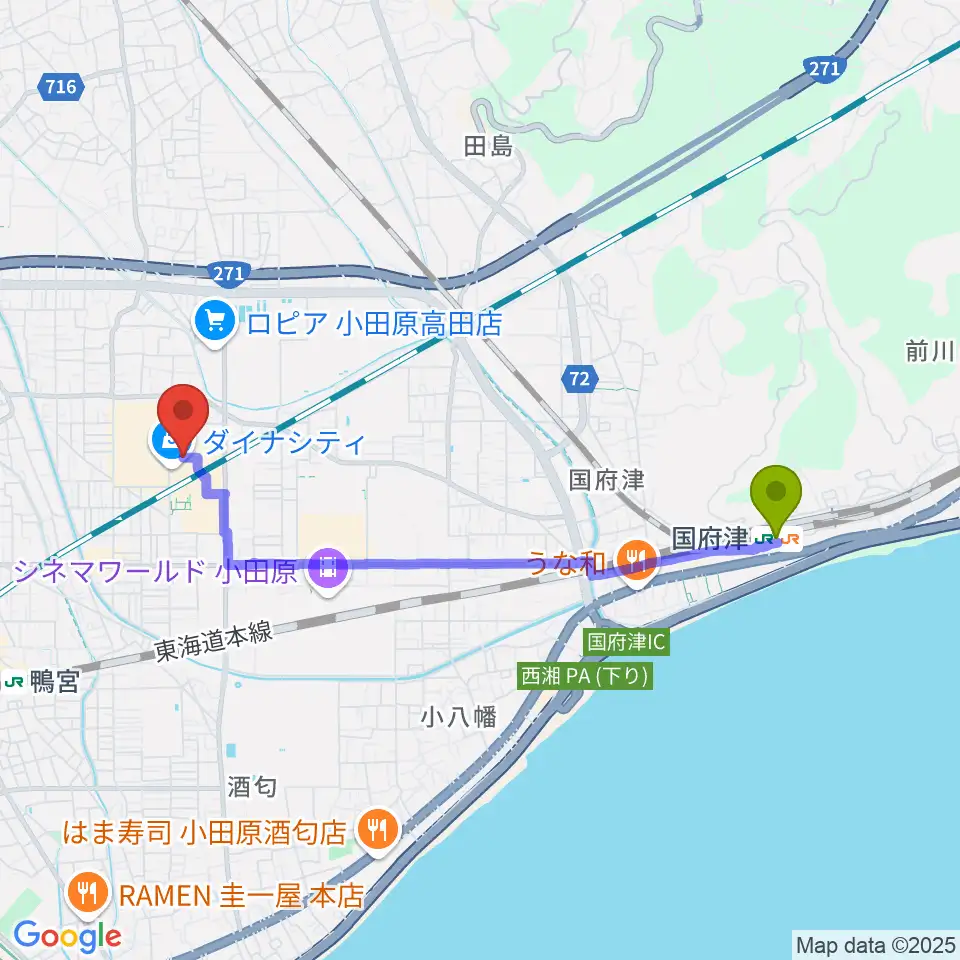 国府津駅からTOHOシネマズ小田原へのルートマップ地図