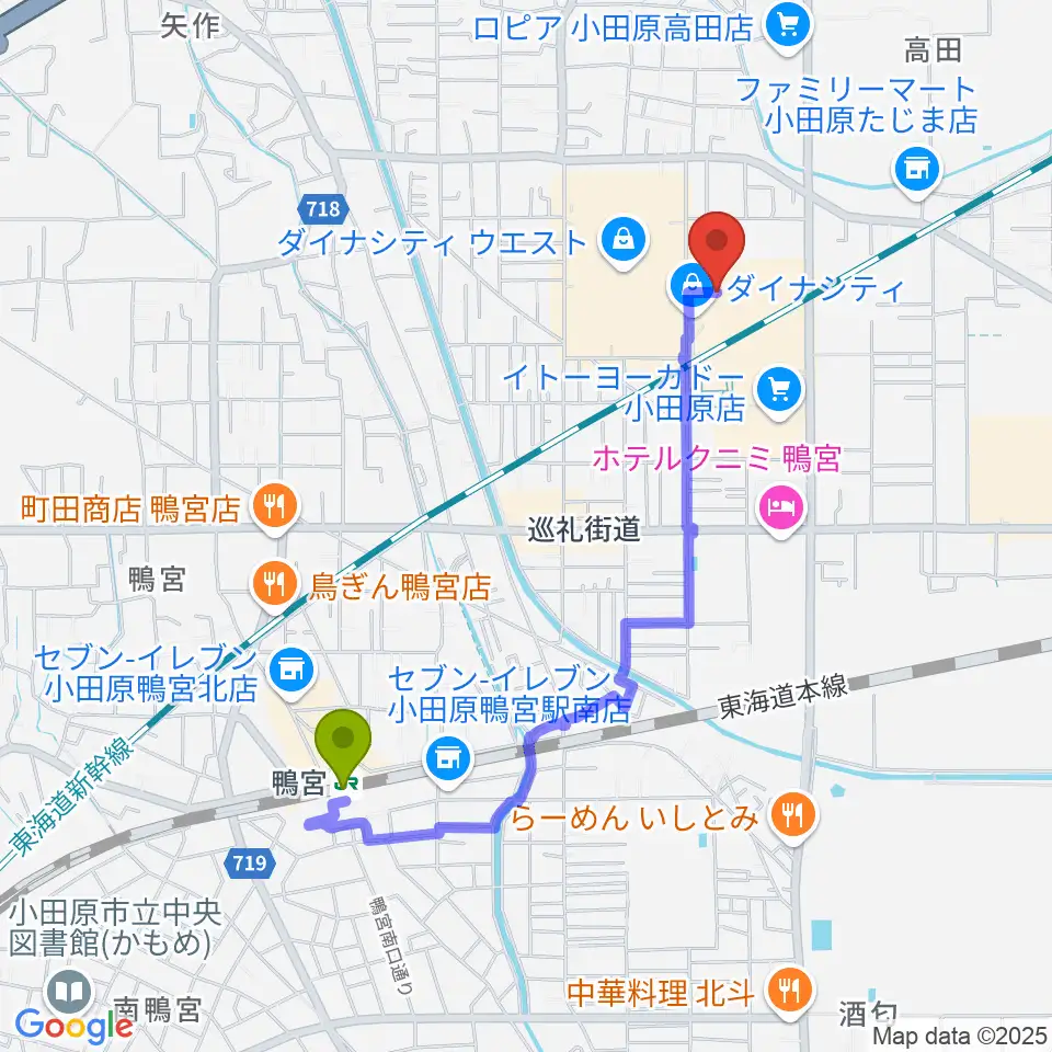 TOHOシネマズ小田原の最寄駅鴨宮駅からの徒歩ルート（約18分）地図