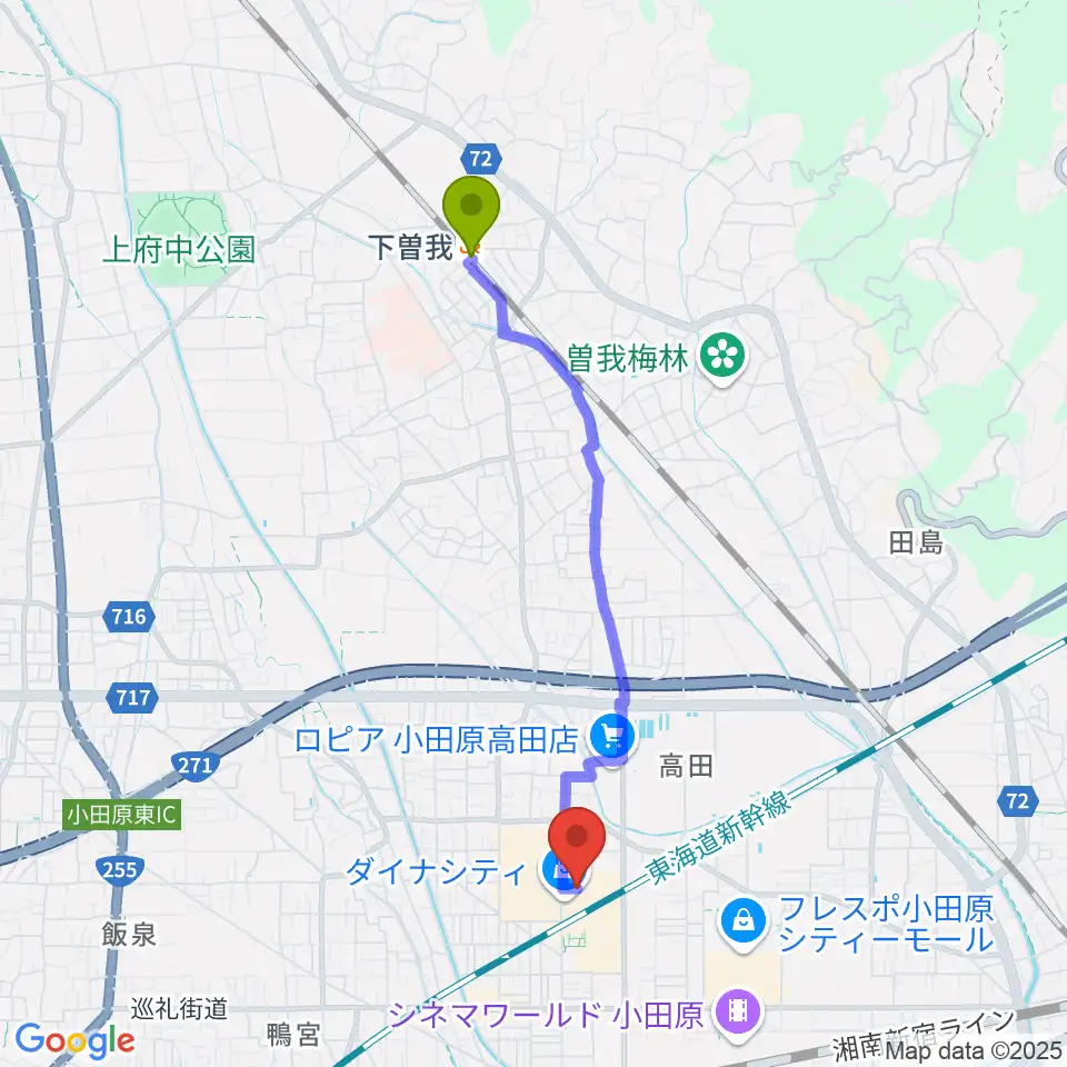 下曽我駅からTOHOシネマズ小田原へのルートマップ地図