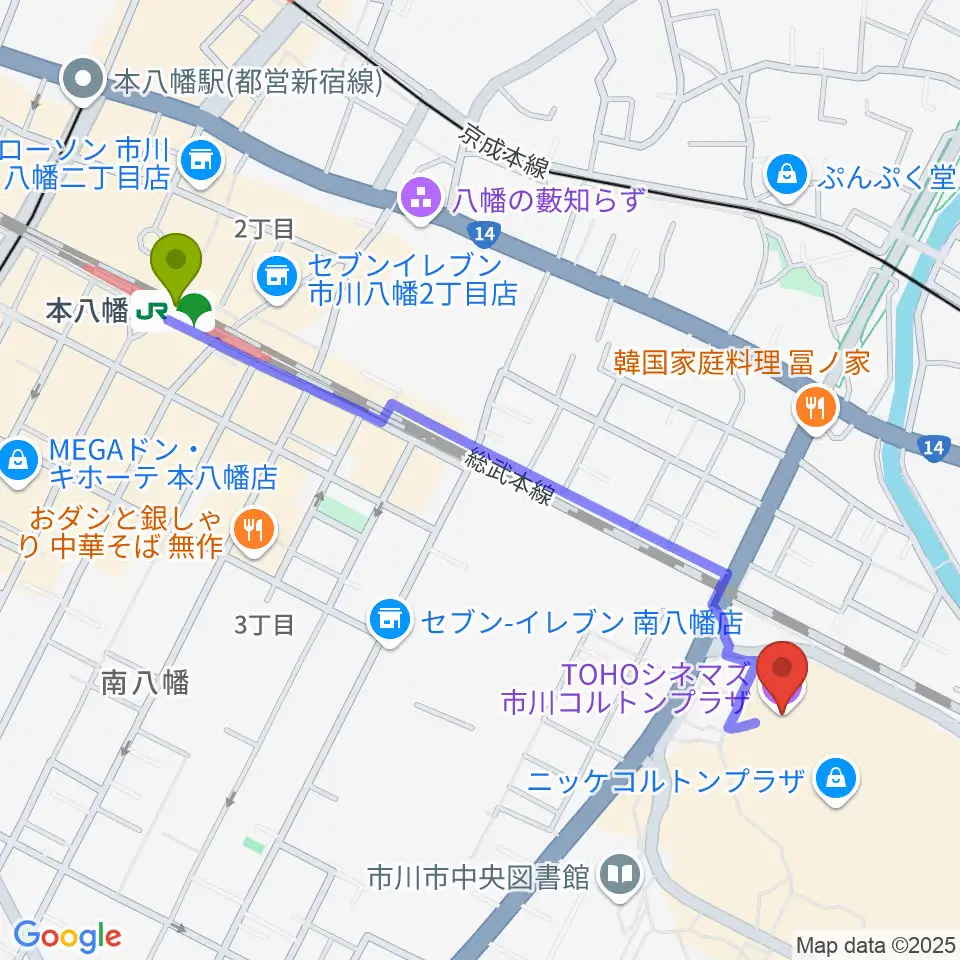 本八幡駅からTOHOシネマズ市川コルトンプラザへのルートマップ地図