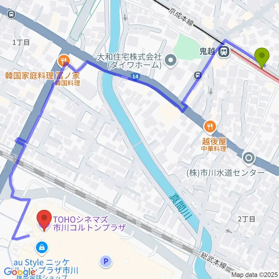 TOHOシネマズ市川コルトンプラザの最寄駅鬼越駅からの徒歩ルート（約8分）地図