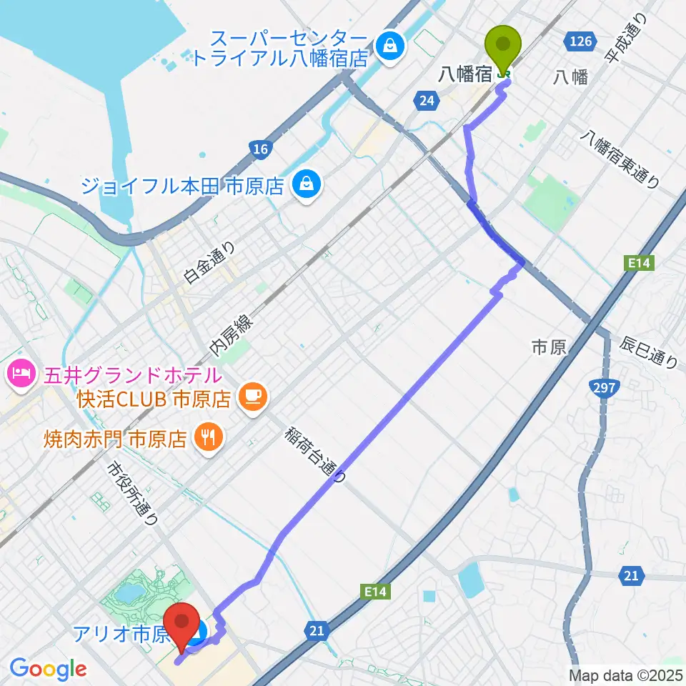 八幡宿駅からTOHOシネマズ市原へのルートマップ地図