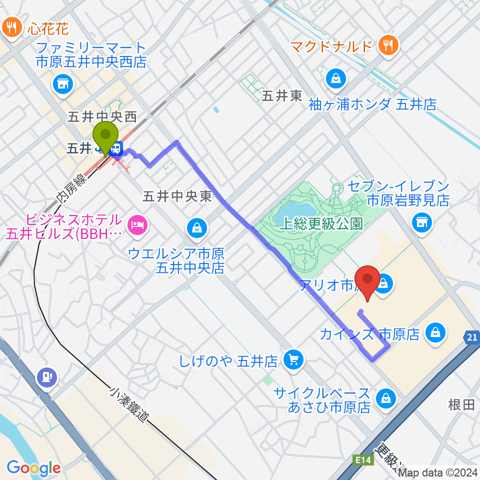 TOHOシネマズ市原の最寄駅五井駅からの徒歩ルート（約19分）地図