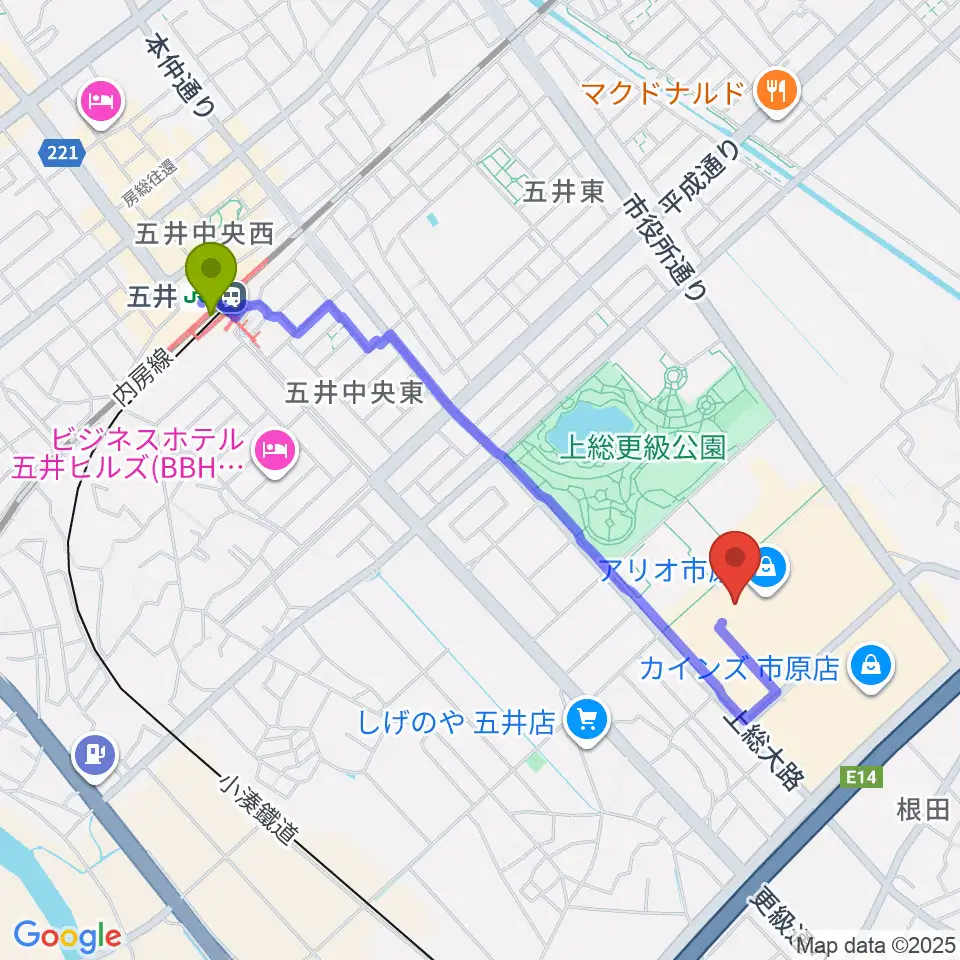 TOHOシネマズ市原の最寄駅五井駅からの徒歩ルート（約19分）地図